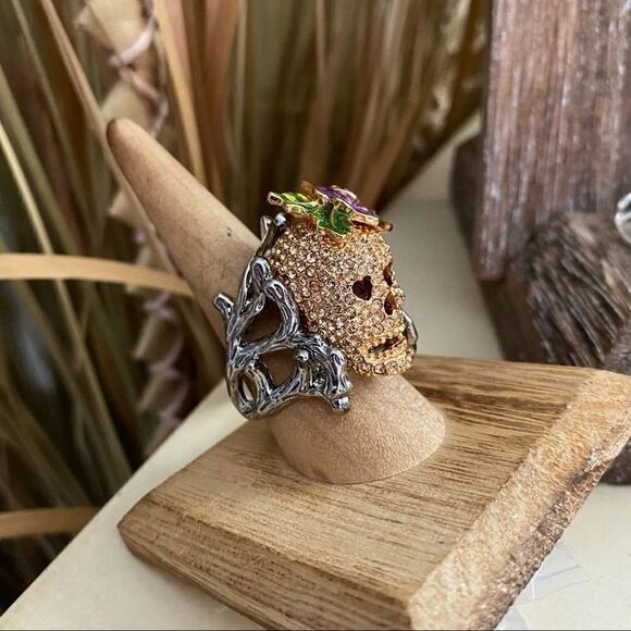 Crystal Skull Multicolor Ruthenium Ring Unisex Size 9,10 - Picture 5 of 5